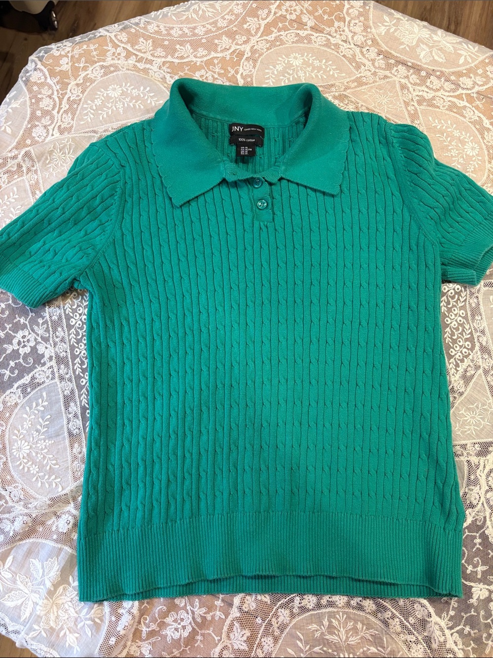 Jones New York Green Short-Sleeve Cable Knit Polo